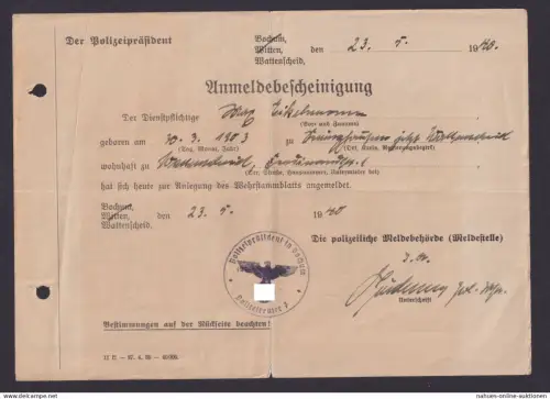 Polizei Bochum Wattenscheid Deutsches Reich NS Dokument Anmeldebescheingung