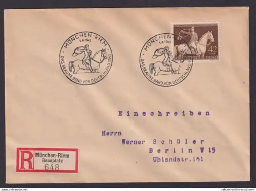 München Deutsches Reich R Brief EF 854 Berlin Sonder R-Zettel Rennplatz