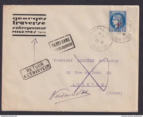Bahnpost Frankreich Brief Migennes Yonne nach Auxerre + zurück 1 Franc Aufdruck
