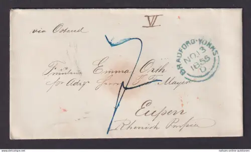 Großbritannien Brief Bradford Yorks via Osende n. Eupen rote K1 RL 1855 + roter