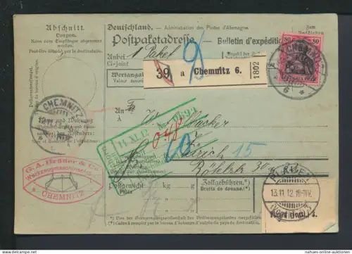 Deutsches Reich Paketkarte Chemnitz Sachsen 1912 Zürich Schweiz