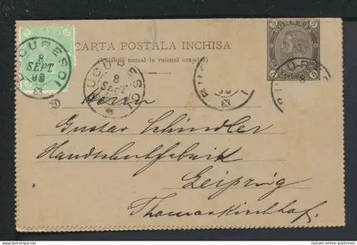 Rumänien Ganzsache Kartenbrief plus ZUF Bukarest 1898 Leipzig Sachsen Mängel