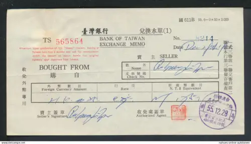 Taiwan Asien frank. Scheck bzw. Umtauschbeleg Taiwan 1928