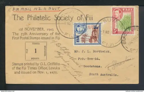Flugpost Air Mail Fidschi Inseln Übersee 1945 Gladstone Australien