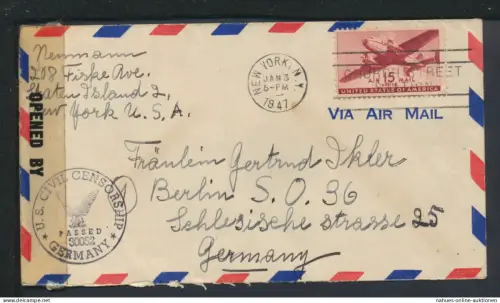 Flugpost Brief Air Mail New York USA Berlin Deutschland 1947 Geöffnet Zensur