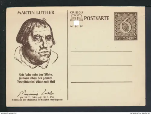 Deutsches Reich Ganzsache P 285 02 Martin Luther Kriegs WHW 27.10.1939