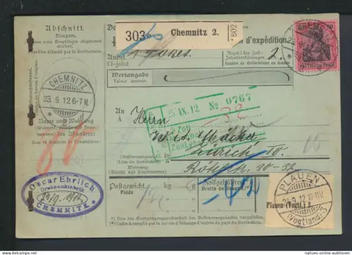 Deutsches Reich Paketkarte Chemnitz Sachsen 1912 Zürich Schweiz