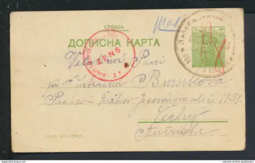 Serbien Zensur Ganzsache König Peter nach Cechy Böhmen Tschechien Österreich