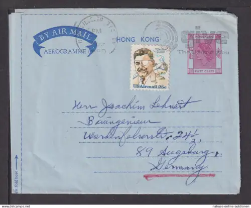Hongkong Asien Flugpost airmail Aerogramm Ganzsache Queen Elisabeth USA nach -