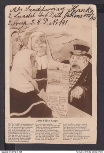 Ansichtskarte John Bulls Klage Feldpost 1917 Elberfeld Wuppertal NRW