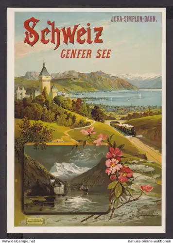 Werbung Reklame Künstler Ansichtskarte Schweiz Genfer See Jura-Simplon-Bahn 1895