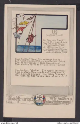 Schiffspost Marine U Boot Ansichtskarte U 9 Reichsverband zur Unterstützung