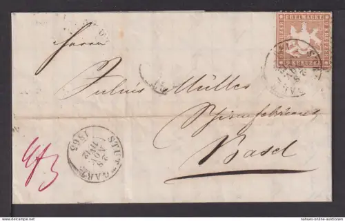 Altdeutschland Württemberg Auslandbrief 28 b EF 9 Kr. braun K2 Stuttgart Basel