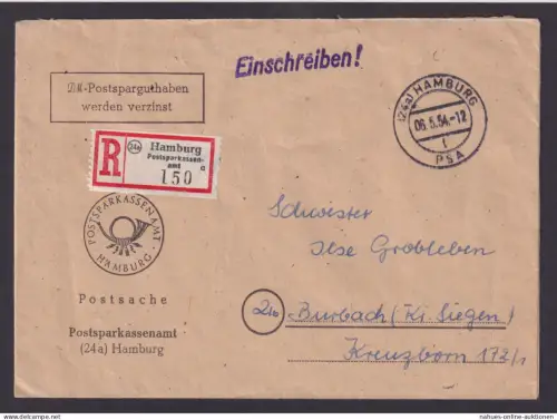 Postsache Bund R Brief Sonder R-Zettel Hamburg SST Postsparkassenamt Burbach