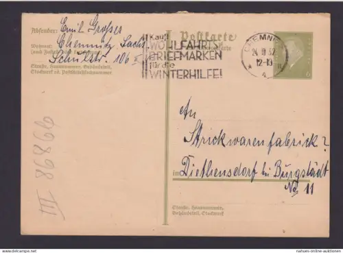 Chemnitz Deutsches Reich Ganzsache P 200 F SSt Wohlfahrtsmarke Winterhilfe