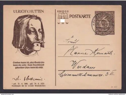 Freiberg Deutsches Reich Ganzsache Werdau Sachsen Motiv Ulrich v. Hutten