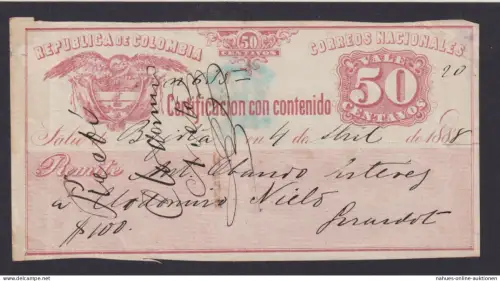 Colombia Kolumbien Südamerika Geldbrief - Versicherungsschein 50 Cetavos v. 1888