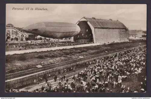 München Zeppelin Parseval VI vor der Lagerhalle selt. frühe Foto Ansichtskarte