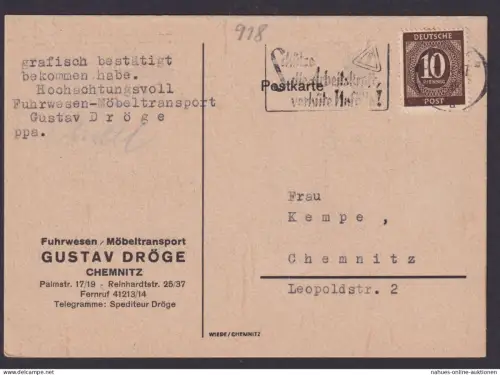 All. Besetzung EF 918 Postkarte Chemnitz Fuhrwesen Mäbeltransporte Gustav Dröge