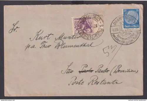 Deutsches Reich Brief Oranienburg Destination Sao Paulo Brasilien Nachgebühr