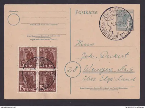 All. Besetzung Ganzsache Hannover n. Weenzen Viererblock SSt Exportmesse 1948