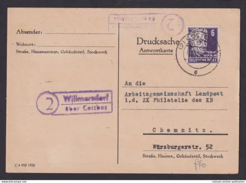 Willmersdorf über Cottbus Brandenburg DDR Postkarte Landpoststempel n. Chemnitz