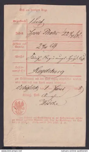 Altdeutschland Preussen Aufgabeschein Oebisfelde Sachsen Anhalt nach Magdeburg