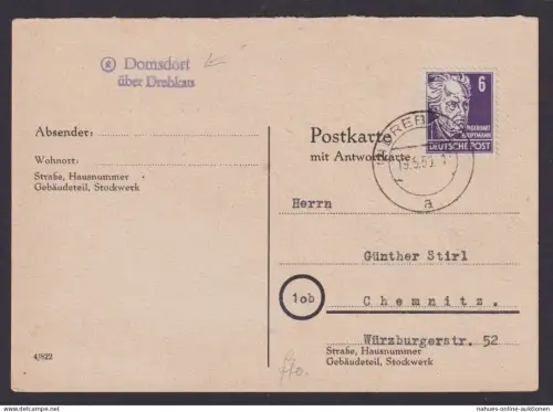 Domsdorf über Drebkaz Brandenburg selt. viol. L2 SBZ Landpoststempel n. Chemnitz