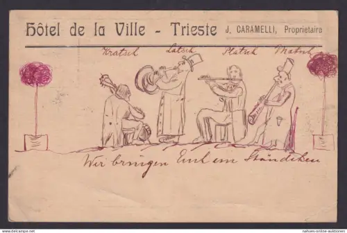 Österreich Ganzsache Kaiser Zudruck Hotel de la Ville Triest J. Caramelli plus