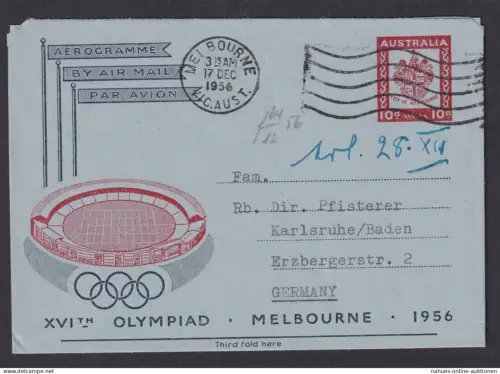 Melbourne Australien Luftpost Ganzsache Olympia 1956 Karlsruhe Baden