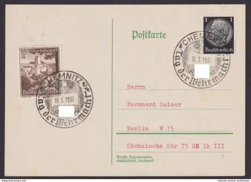Postkarte Deutsches Reich selt. SST Chemnitz Tag der Wehrmacht WHW Berlin
