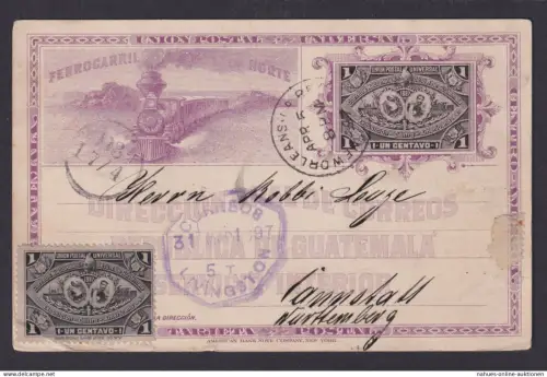 Guatemala Eisenbahn Bild Ganzsache Schiffspost via New Orleans Livinston