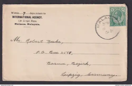 Straits Settlements Malacca Malaysia Asien Brief Bornau Leipzig Sachsen