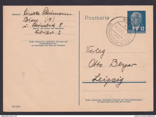 DDR Ganzsache P 58 Pieck Landpoststempel Biere Schönebeck Elbe Sachsen Anhalt