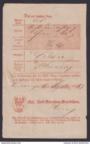 Altdeutschland Preussen Postschein Kgl. Post Annahme Expedition Luckau an Kühne