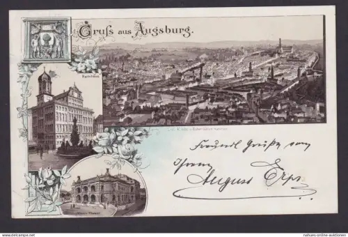 Vorläufer Ansichtskarte Augsburg Bayern Rathaus Theater nach Frankfurt 20.5.1891