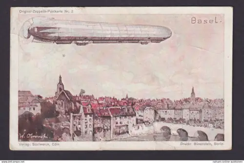 Zeppelin Ansichtskarte Nr. 2 Basel Reklame Stollwerck Köln Abb. + Unterschrift