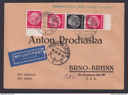 Flugpost Deutsches Reich Zusammendruck Hindenburg Brief Leipzig Brünn CSR