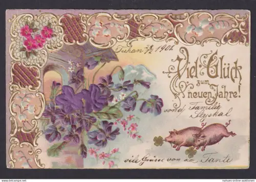 Ansichtskarte Jugendstil Art Nouveau Neujahr Künstlerkarte Prägekarte Glück