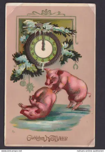 Ansichtskarte Neujahr Schwein Glücksschwein Tiere Künstlerkarte Prägekarte n.