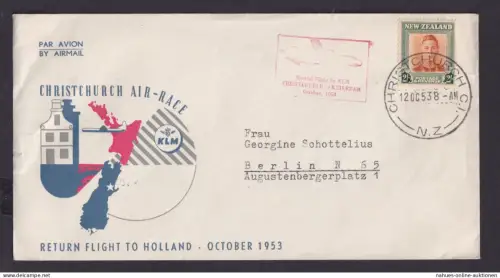 Flugpost Neuseeland Brief KLM Christchurch Amsterdam Niederlande EF 2 Shilling