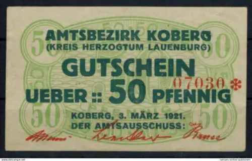Notgeldschein Koberg Herzogtum Lauenburg Schleswig-Holstein 50 Pfg.