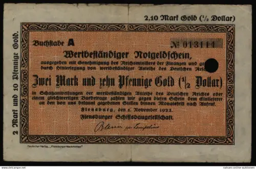 Geldschein Banknote Notgeld Flensburg Schiffsbaugesellschaft 2,10 Mark Gold F005