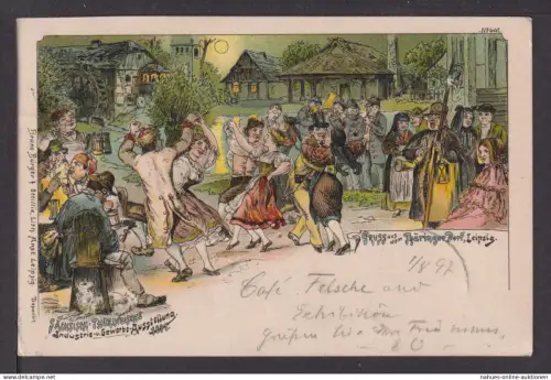 Litho Ansichtskarte Leipzig Sachsen Gruß aus dem Thüringer Dorf 1897 Landeck