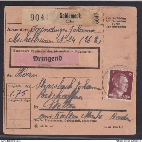 Deutsches Reich Schirmeck Paketkarte Aufkleber DRINGEND Stettin a. kalten Markt