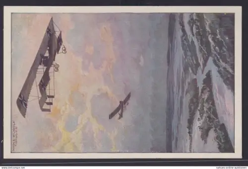 Ansichtskarte Flugzeug Militär Doppeldecker Künstlerkarte nach einem Gemälde von