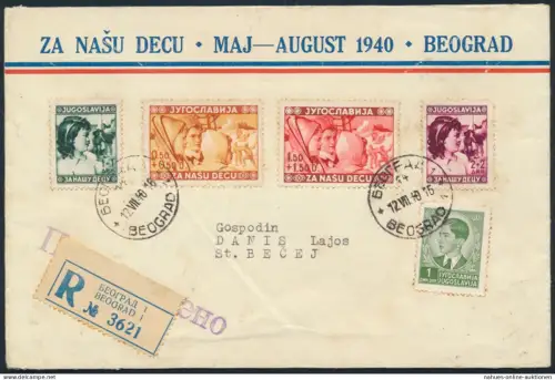 Jugoslawien R-Brief MIF 395+418-421 Belgrad nach St. Becej