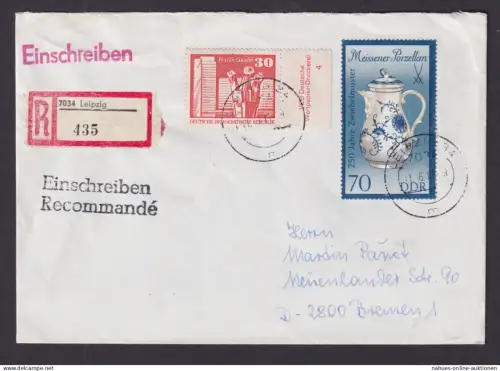 Druckvermerk DDR 1899 Aufbau + Meissner Porzellan R Brief Leipzig Bremen