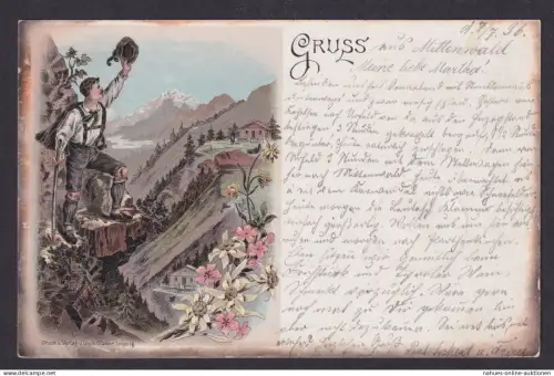 Vorläufer Litho Ansichtskarte Mittenwald nach Leipzig Deutsches Reich