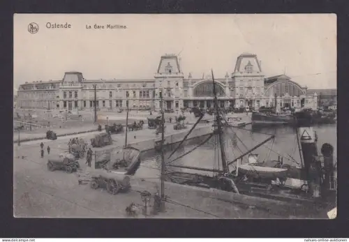 Ansichtskarte Ostende Belgien Hafen Schiffe Pferdefuhrwerke La Gare Maritime